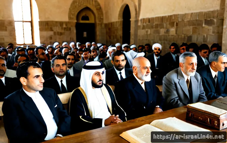 이스라엘의 20세기 정치사 - Photorealistic historical scene of a 1940s Middle Eastern political meeting in a modest stone govern...